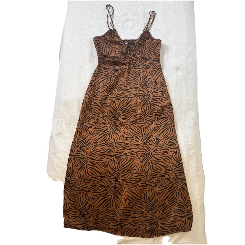 Zara Satin Tiger Print Slip Dress With Side Zipper XS